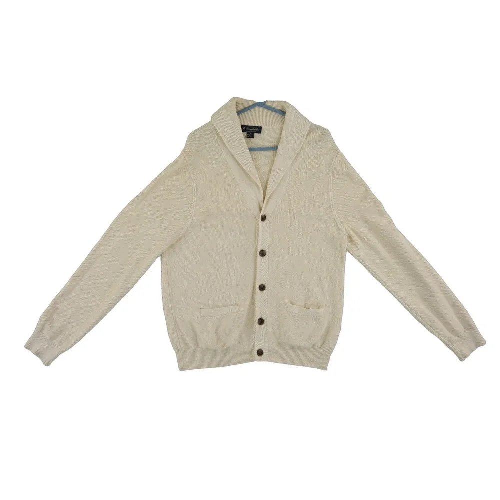Brooks Brothers Cardigan Sweater Men's Size Large Cream 100% Cotton Shawl Collar